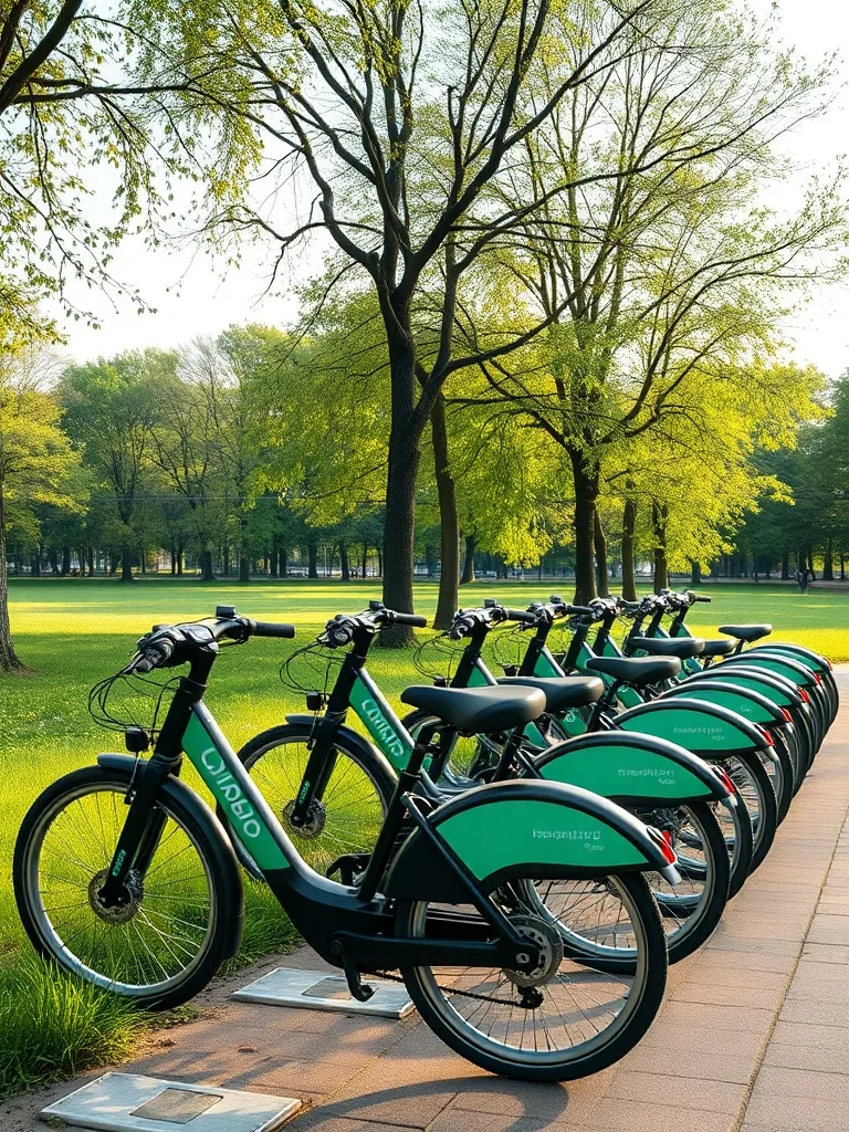 A row of electric rental bicycles in a city park, green envi