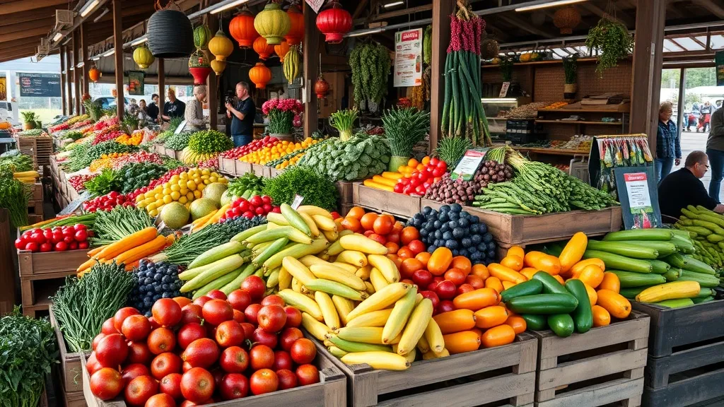 A vibrant local farmers market with fresh vegetables and fru