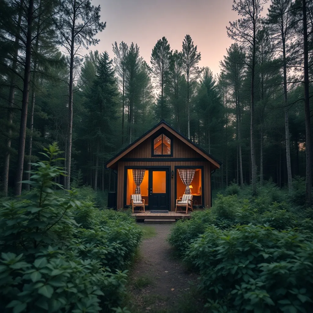 Modern eco-friendly small cabin in a dense green forest, sus