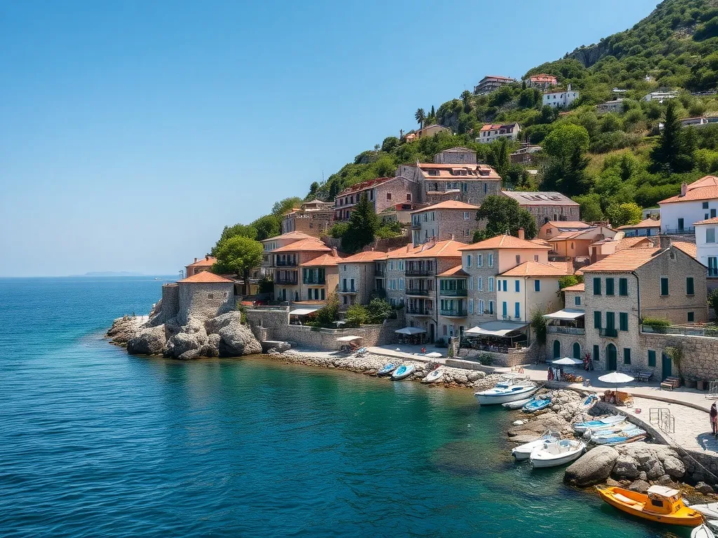 A small coastal town in Montenegro with stone houses and blu