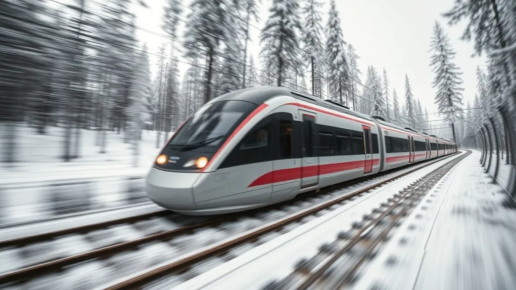 A modern high-speed train moving through a snowy forest in S