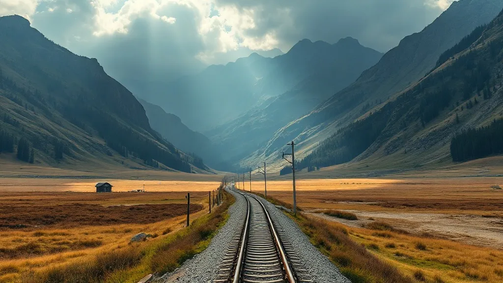 A wide landscape of a mountain valley with a single train tr