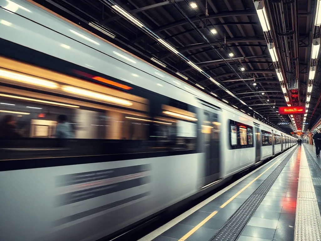 A busy modern train station platform, sleek train, blurred m