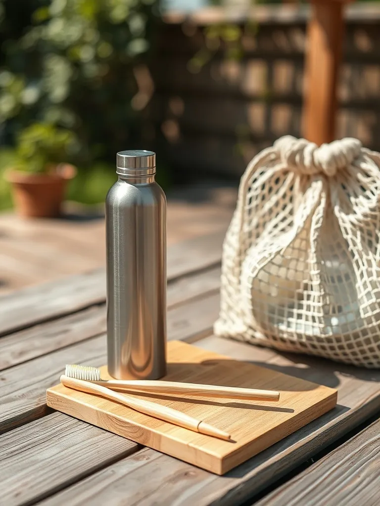 A close-up shot of a stainless steel water bottle, a bamboo